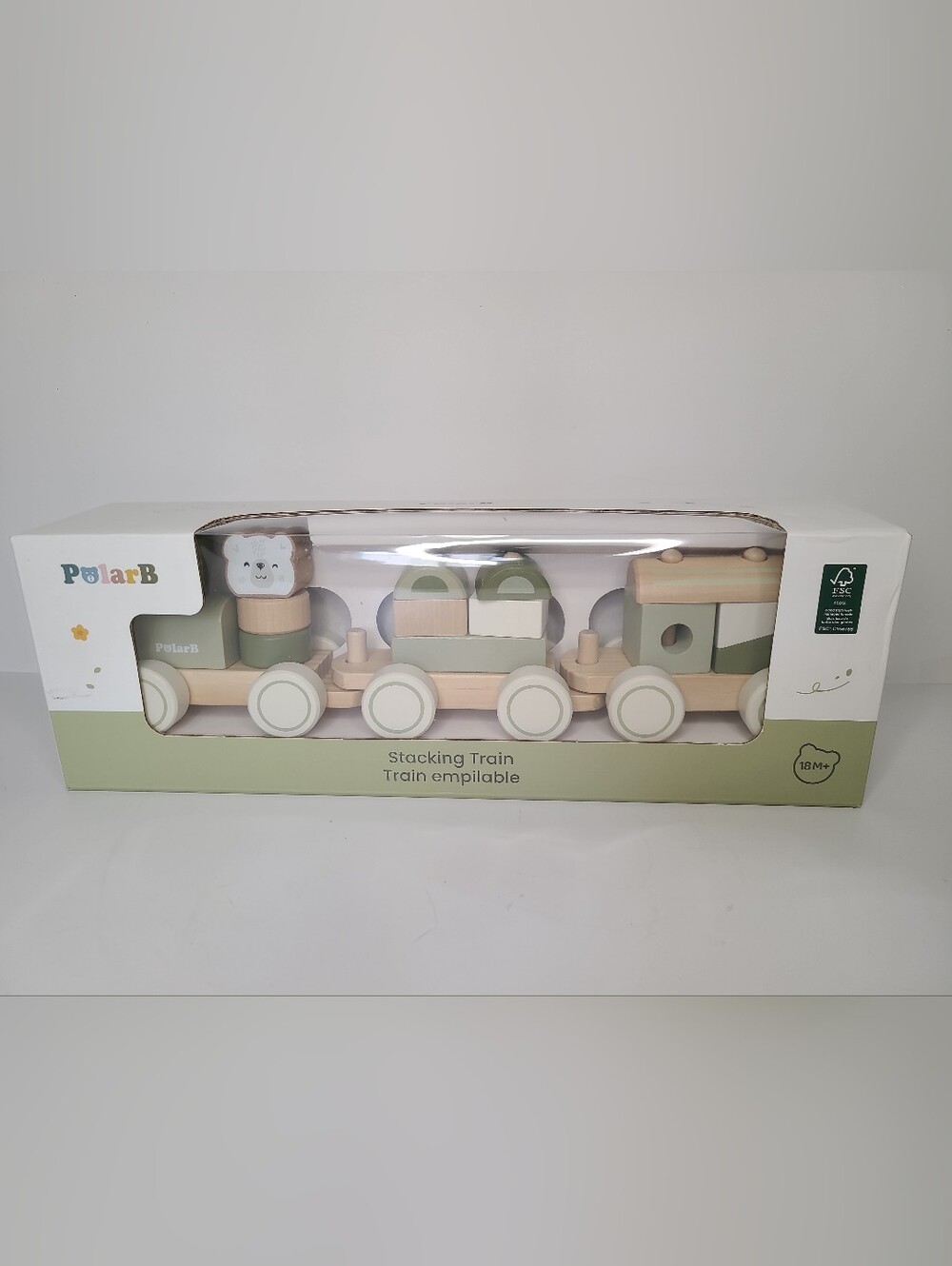 PolarB Wooden Stacking Train Toy White Green Polar Bear Montessori New in Box
